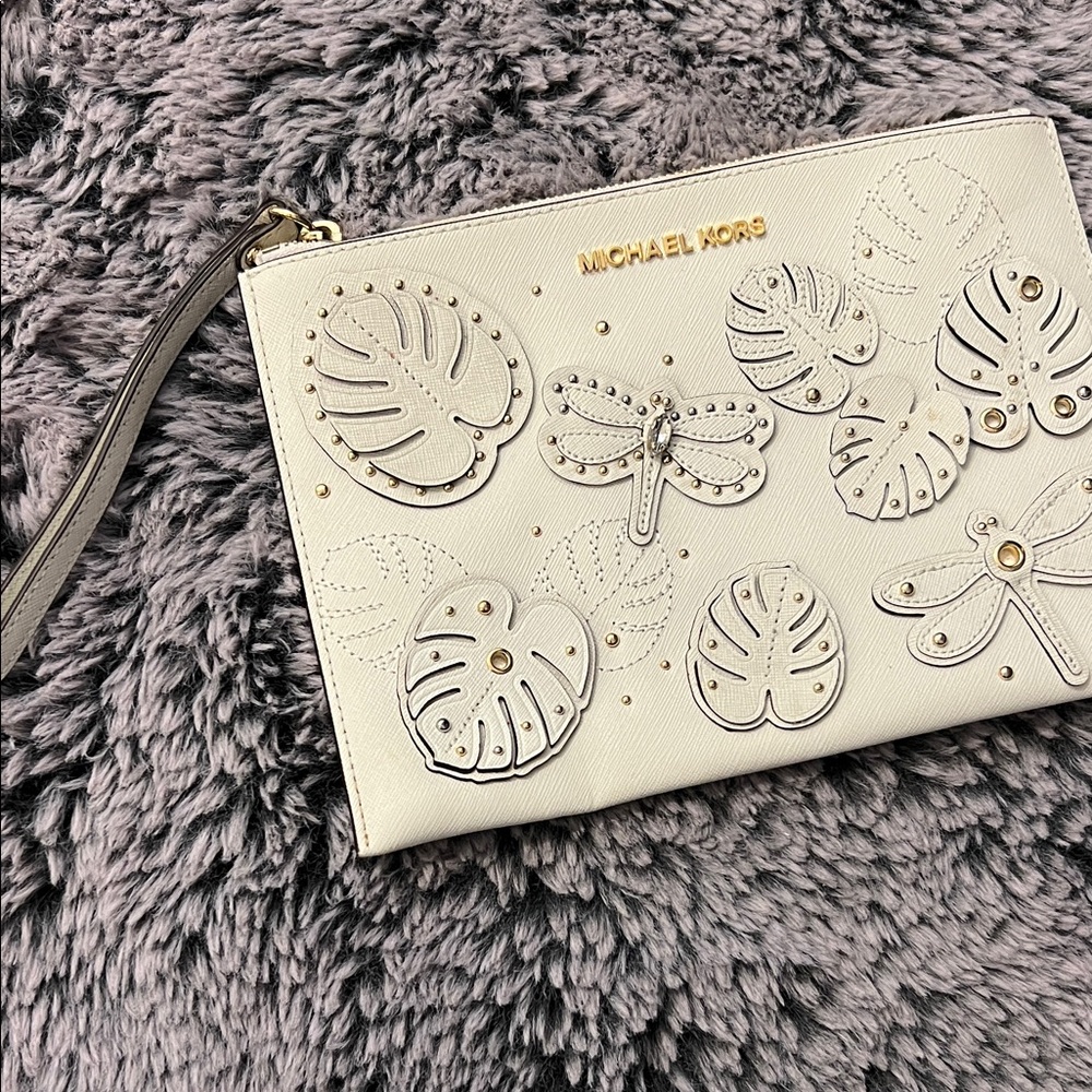 Michael Kors White Wristlet with Leaf Accents